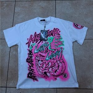 White Graphic T-Shirt with Pink and Green Design